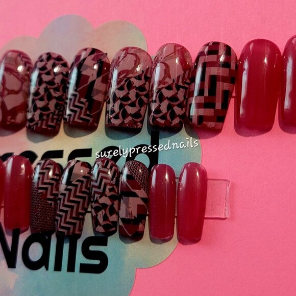 Short Dark Red Abstract Design Square Press on Nails - Picture 3 of 4